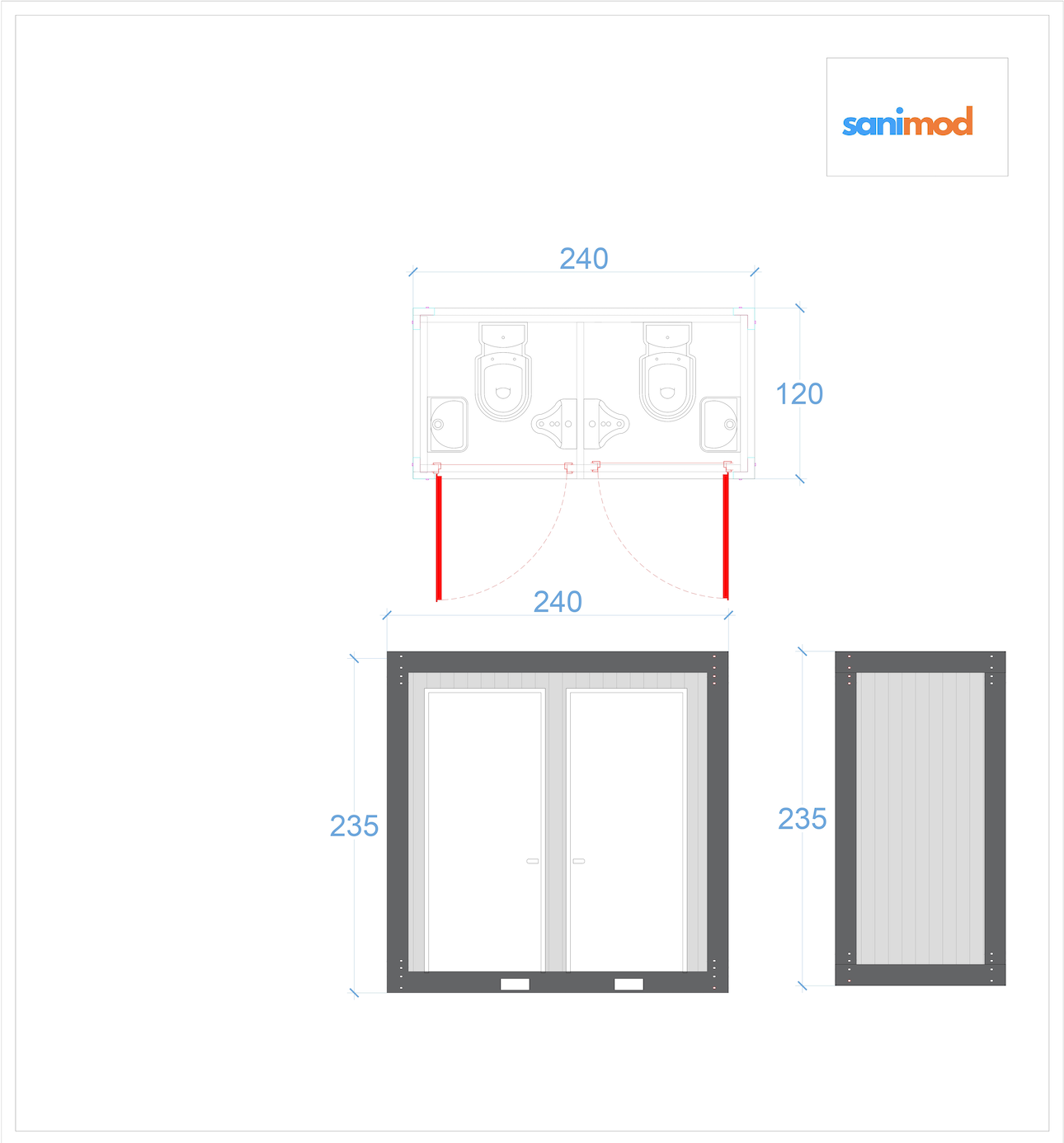 120x240 Doppel WC mit Waschbecken und Urinal