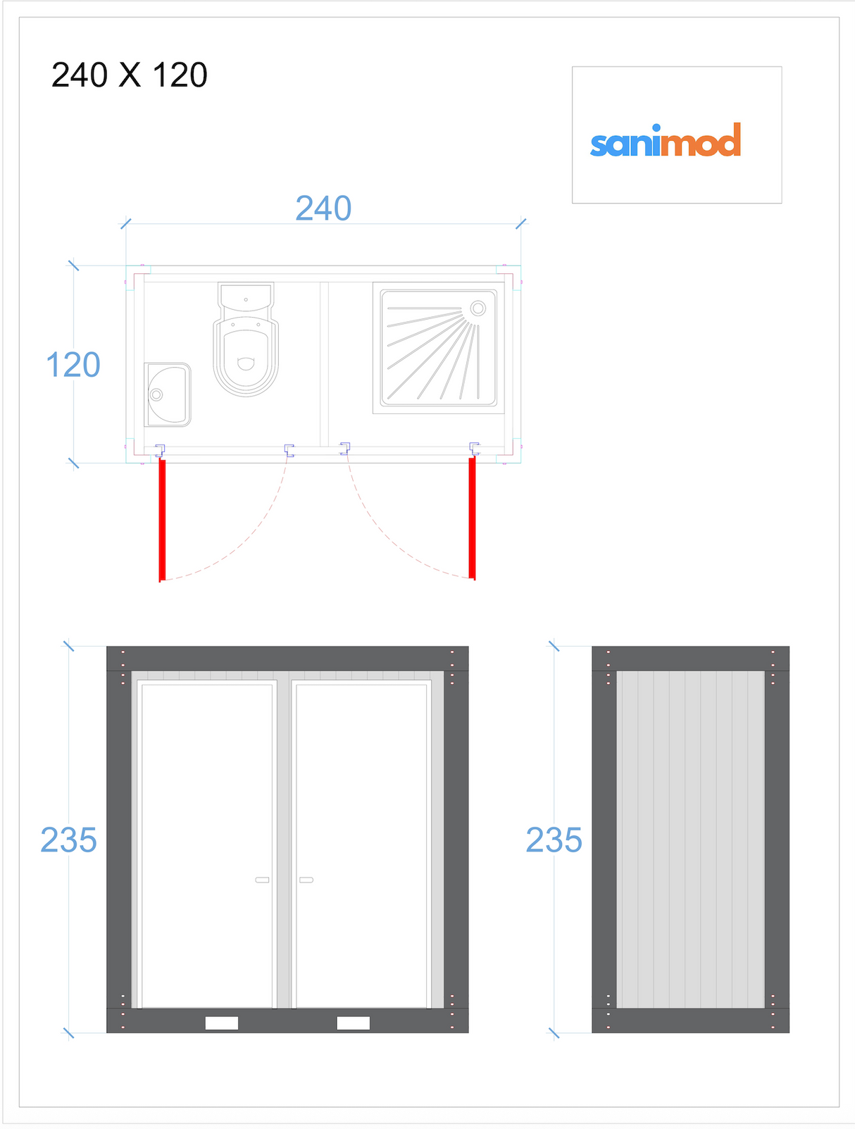 120x240 Dusche & WC mit waschbecken (zweiflügelig)