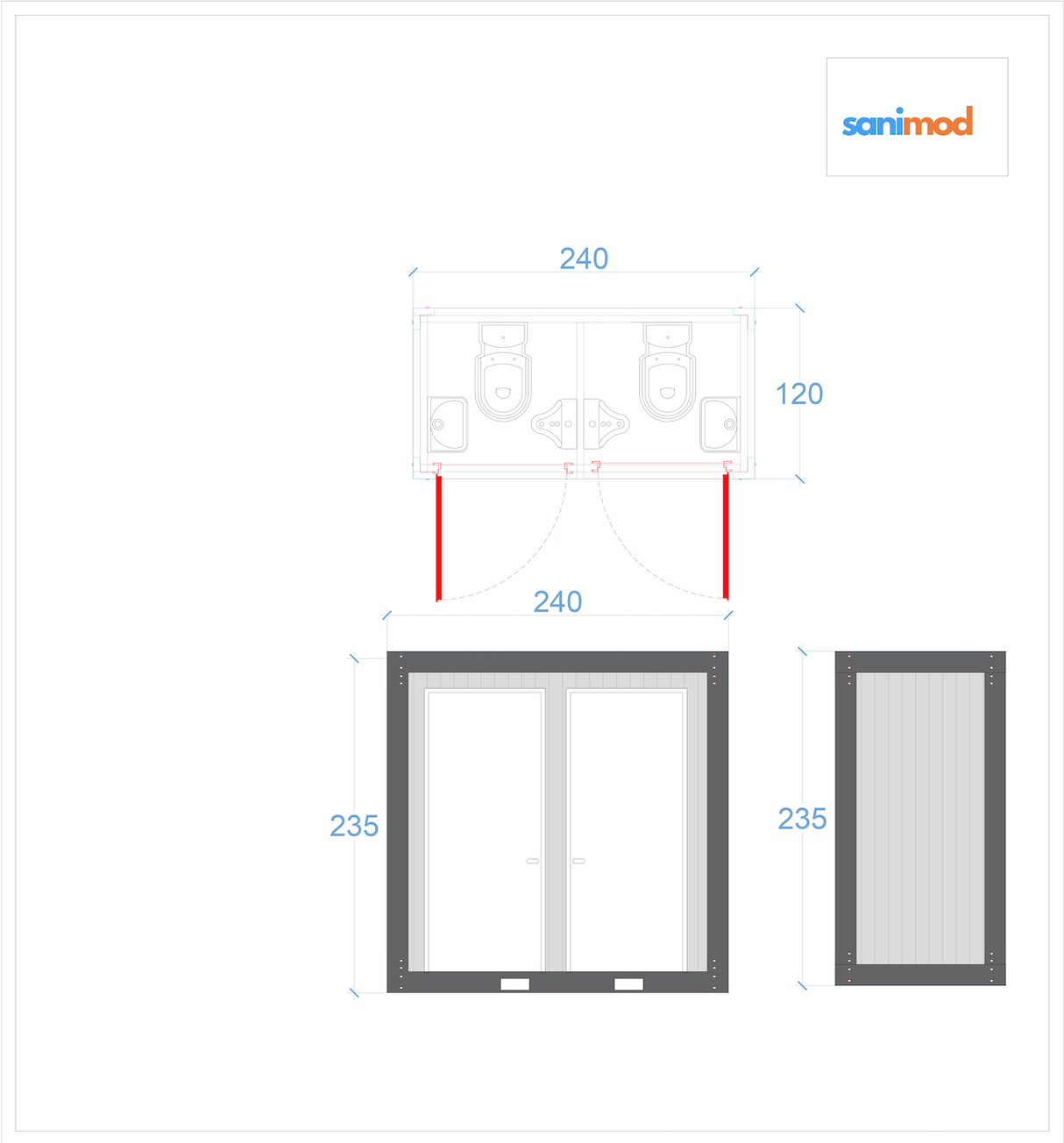 120x240 Doppel WC mit Waschbecken und Urinal